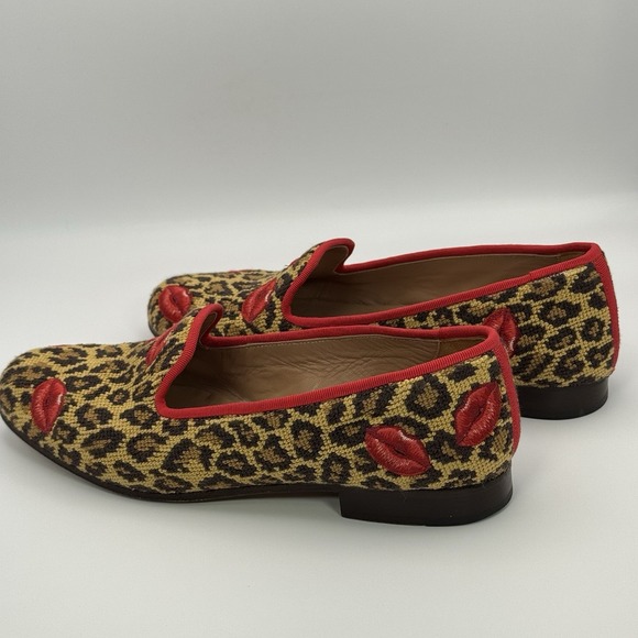 Stubbs & Wootton Women's Leopard Needlepoint Red Lips Red Trim Loafers Shoe 7.5 - Picture 4 of 12